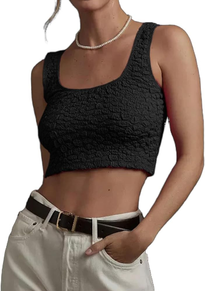 Women Square Neck Sleeveless Textured Crop Tank Top Summer Solid Slim Fit Causal Going Out Croppe... | Amazon (US)