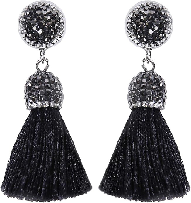 Women's Dangle Drop Short Tassel Earrings with Shell Pearl Black Rhinestone Top | Amazon (US)