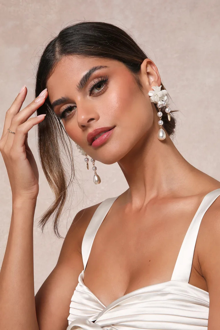 Beautiful Charm Gold and Ivory Floral Pearl Drop Earrings | Lulus