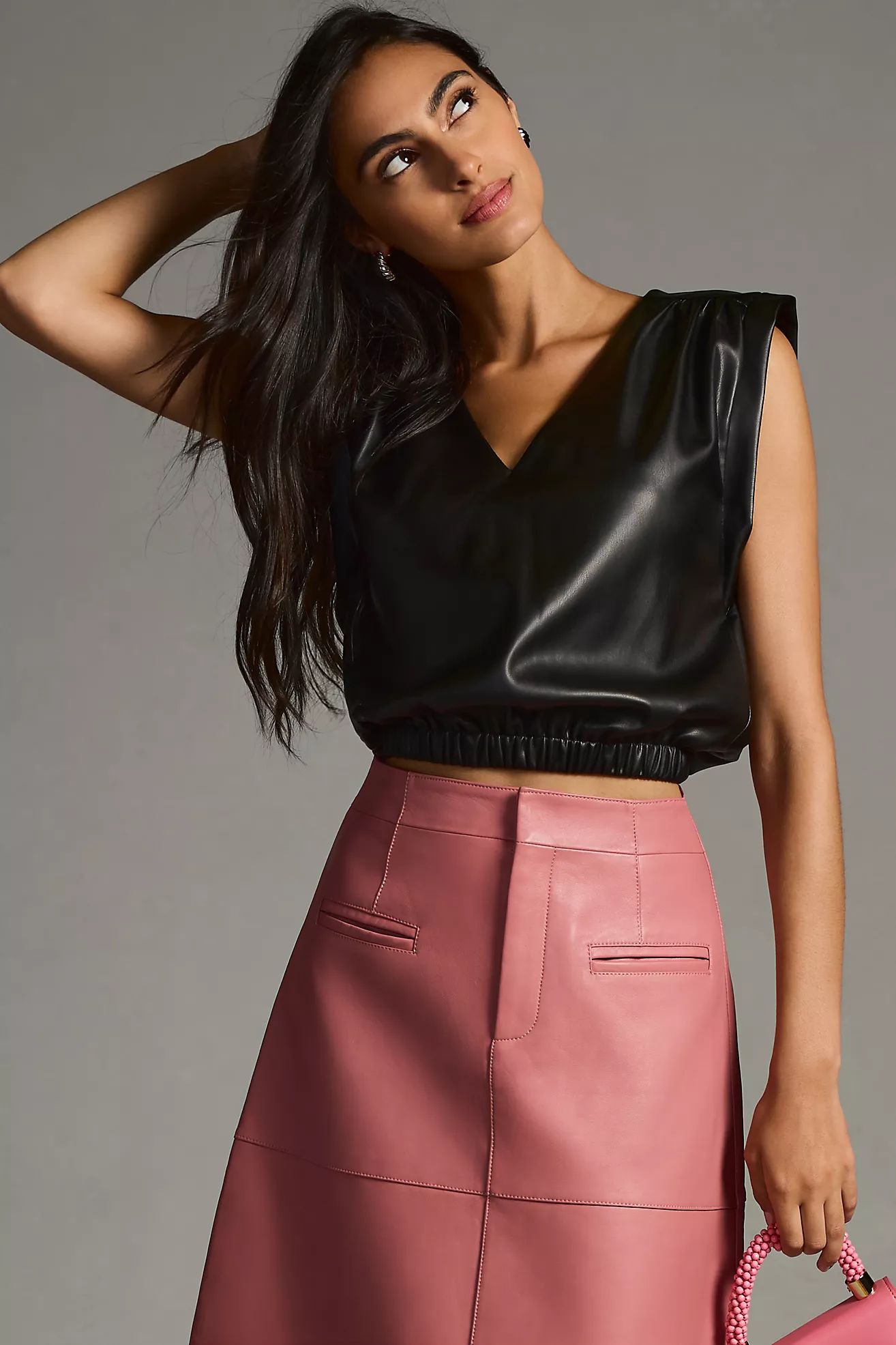 Bishop + Young Simone Faux-Leather Banded V-Neck Top | Anthropologie (US)