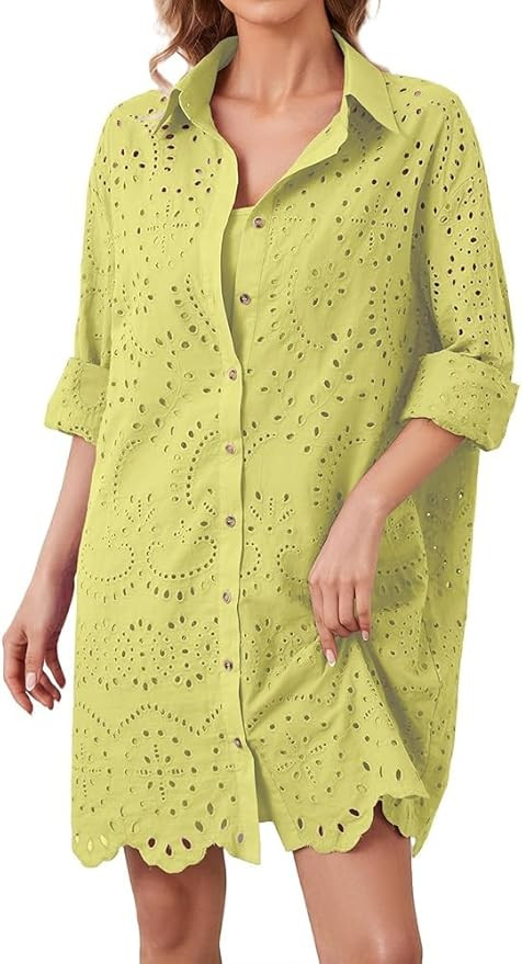 Womens Embroidery Eyelet Long Button Down Shirts Loose Fit Long Sleeve Collared Mini Shirt Dress ... | Amazon (US)