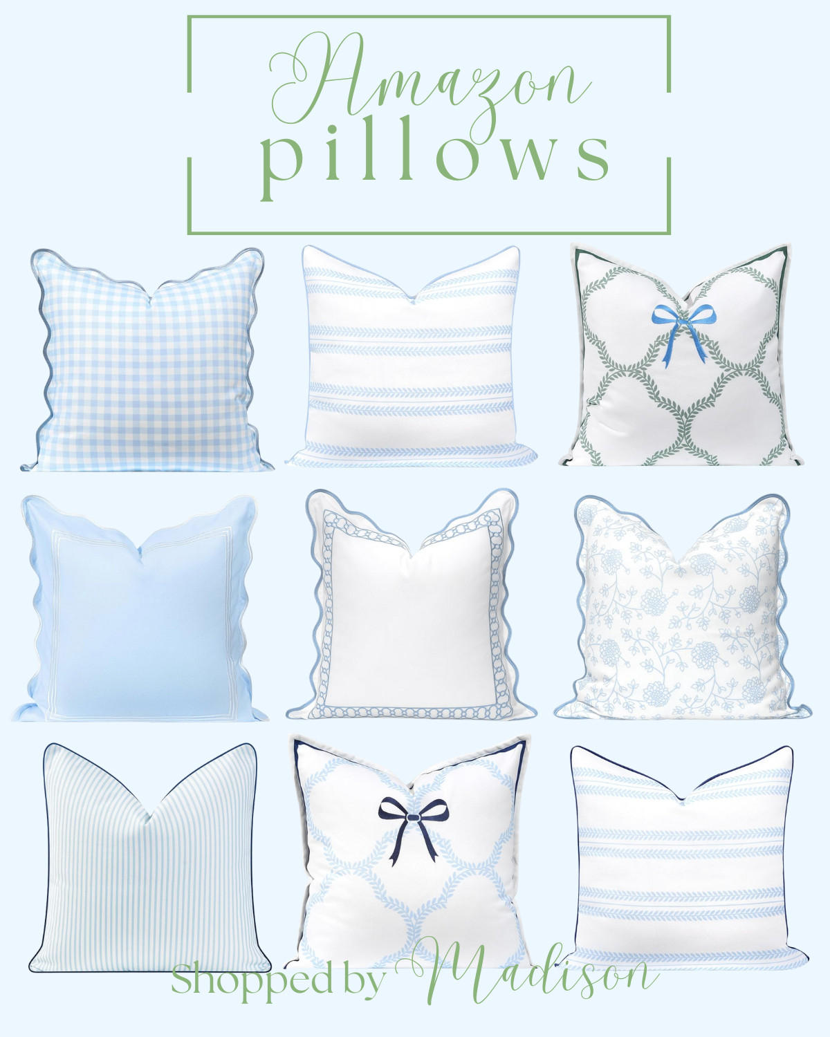 Amazon throw pillows, Hofdeco pillows, outdoor pillow covers, indoor pillow covers, grand millennial home decor, grand millennial style, blue and white decor, blue and green pillows, blue and pink throw pillows, girls room decor, toddler girl room ideas, bow pillow, scallop pillows 

 #LTKHome #LTKFindsUnder50 #LTKStyleTip