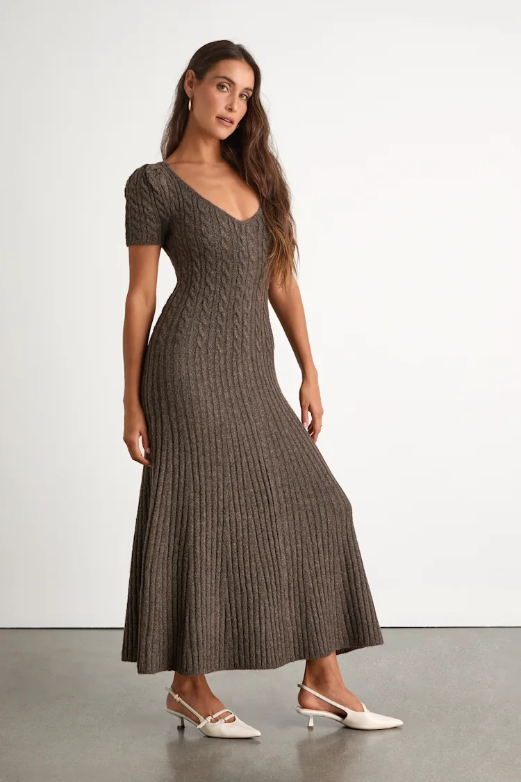 Antonela Heathered Brown Puff Sleeve Sweater Midi Dress | Lulus