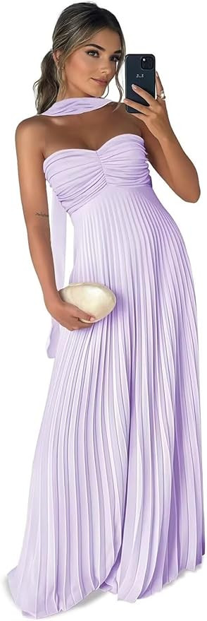 Long Chiffon Bridesmaid Dresses for Women Pleated Strapless Maxi Formal Evening Gown with Long Sc... | Amazon (US)