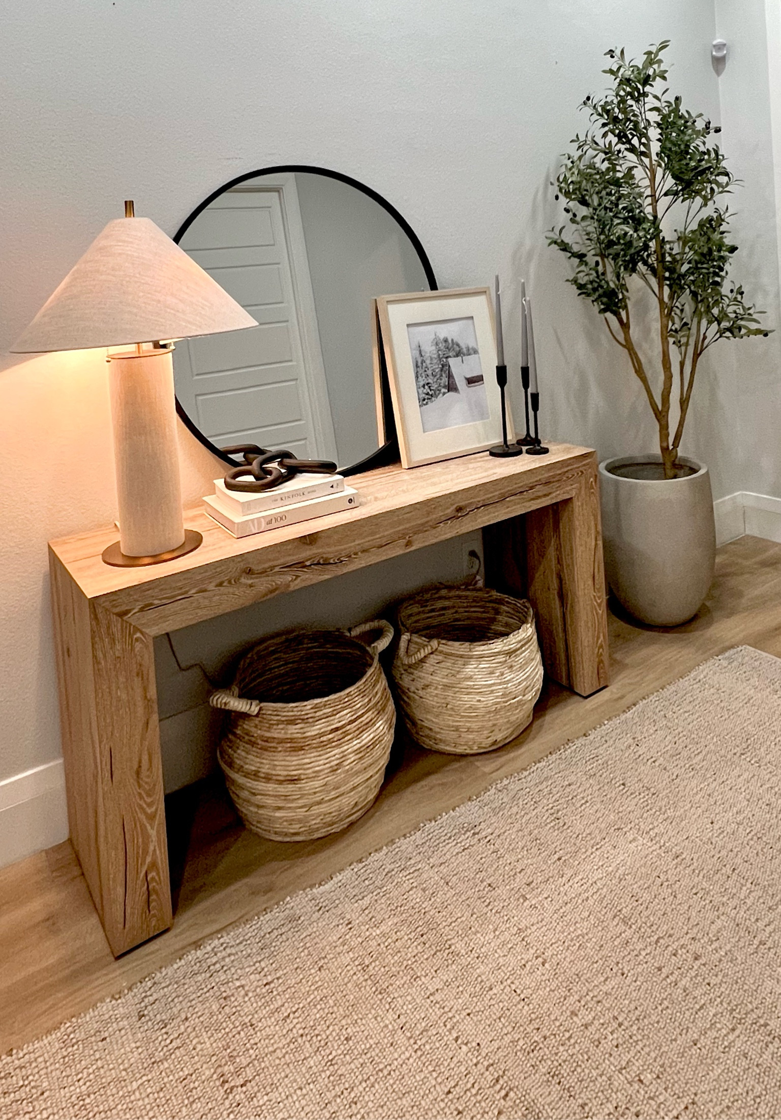 Our entryway decor warm modern entry table entryway lamp faux olive tree plater 