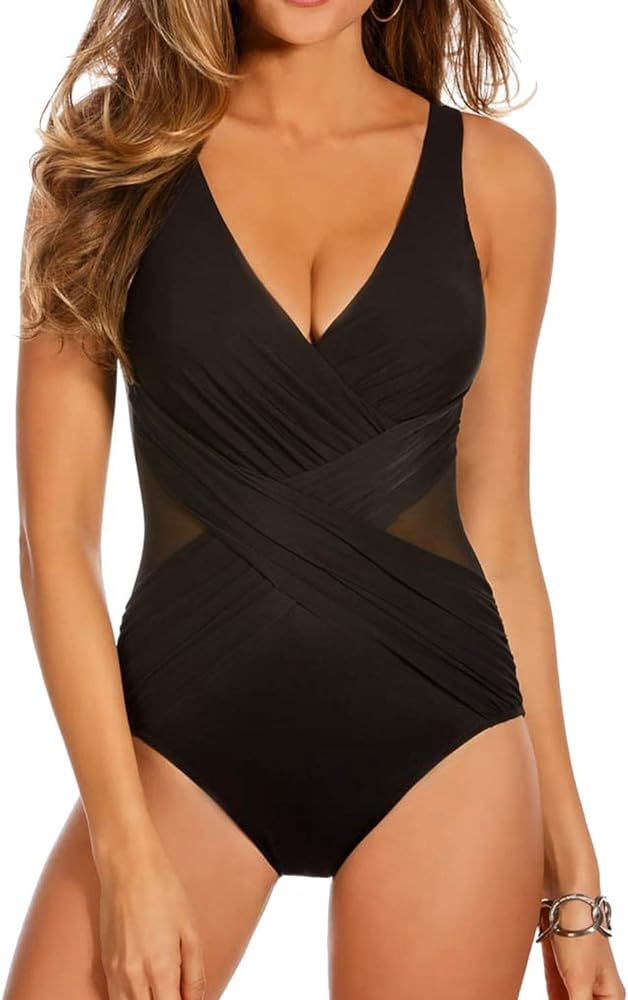 Womens Vintage One Piece Swimsuit V Neck Criss Cross Ruched Tummy Control Mesh Bathing Suits | Amazon (US)