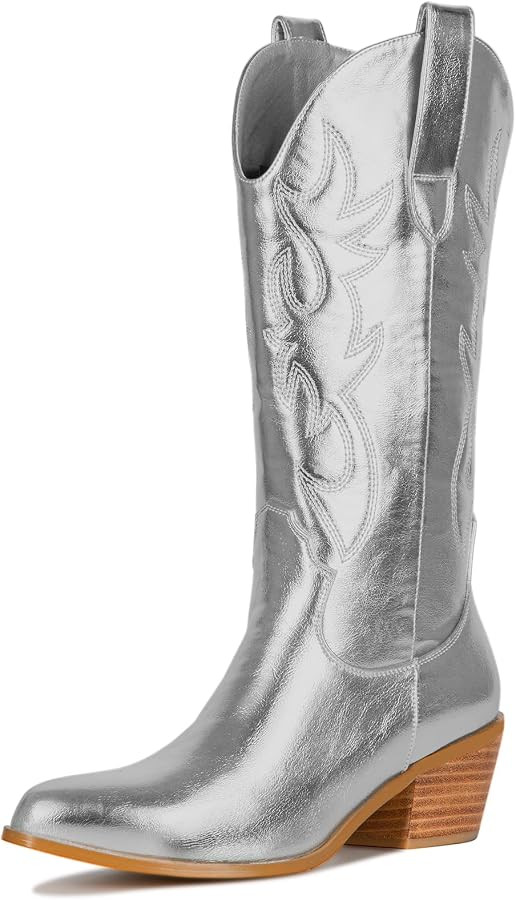 Women's Cowgirl Embroidered Western Cowboy Boots, Mid Calf Booties Pointed Toe Chunky Heel 5cm Pu... | Amazon (US)