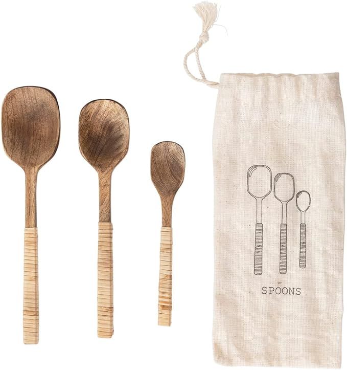 Creative Co-Op Mango Wood Bamboo Wrapped Handles, Set of 3 in Printed Drawstring Bag Spoon Set, 7... | Amazon (US)