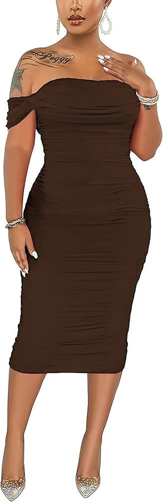 Women's Sexy Off Shoulder Sleeveless Bodycon Ruched Midi Elegant Cocktail Evening Party Night Tub... | Amazon (US)