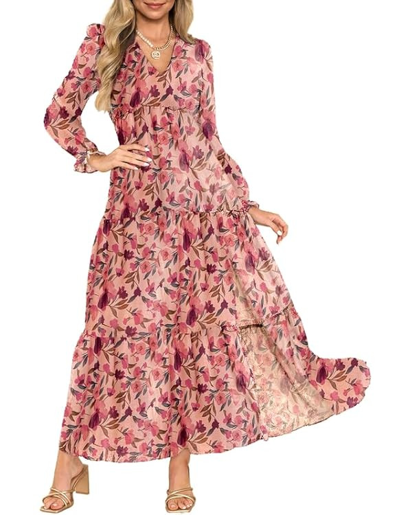 Dokotoo Women's Boho Maxi Dress Sexy V Neck Puff Long Sleeve Ruffle A-Line Split Swing Chiffon Dr... | Amazon (US)