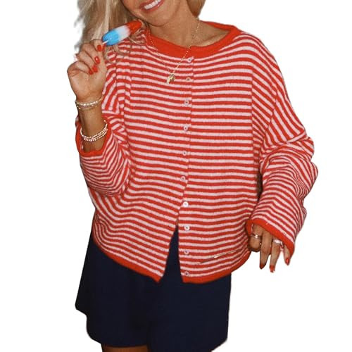 Womens Striped Cardigan Sweater Casual Crew Neck Open Front Button Down Long Sleeve Knit Sweaters Fall Outerwear (Red, M) | Amazon (US)