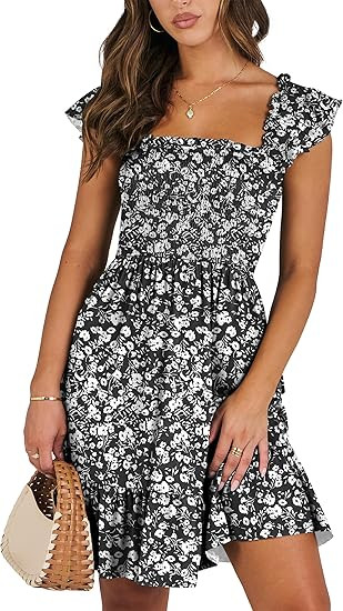ANRABESS Women's Summer Casual Sleeveless Square Neck Dress 2026 Smocked Ruffle Backless Boho Bea... | Amazon (US)