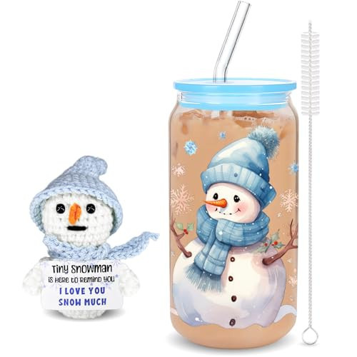 Blue Winter Gifts Set with Glass Cup & Dolls for Friends Coworkers Teachers Family Daughter Snowman Doll with Positive Card Perfect for XMAS and Festive Celebrations Drinking Glass for Christmas Decor | Amazon (US)