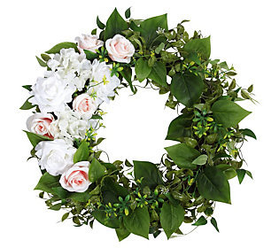 Haute Decor 24"" Rose Hydrangea Wreath with Grap evine Base | QVC