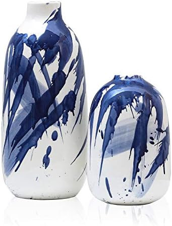 TERESA'S COLLECTIONS Blue and White Ceramic Vase Set of 2, Decorative Glazed Vases for Home Decor... | Amazon (US)