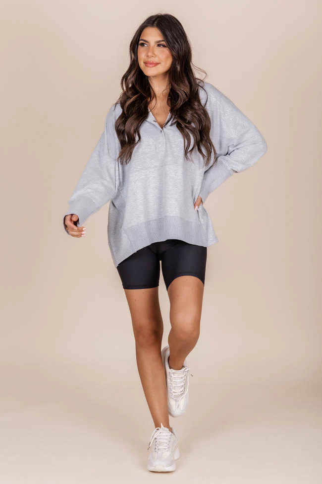 Details

Grey pullover
Fabric has stretch, oversized fit
V-neckline snap closure with long sleeve... | Pink Lily