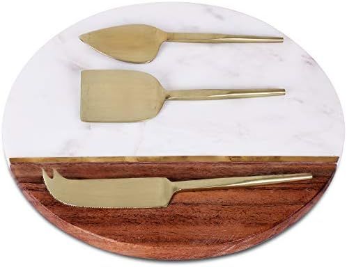 Marble Cheese Board & Utensil Set- 10” Round Charcuterie Platter, 1/4 Mango Wood & 3/4 Marble C... | Amazon (US)