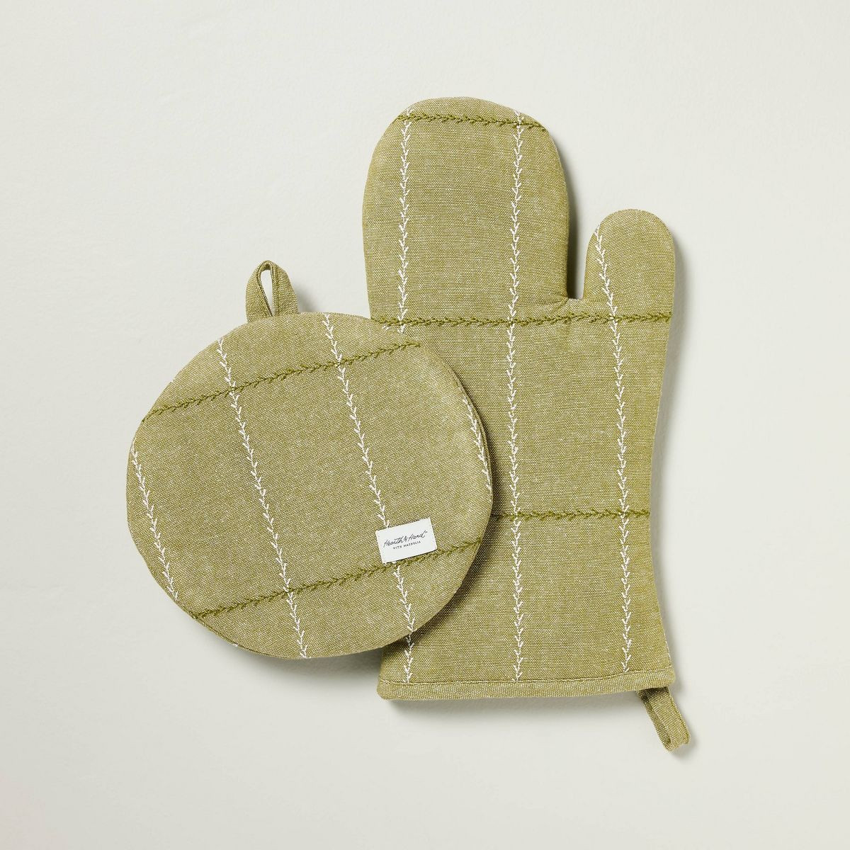 Set of 2 Faux Stitched Grid Oven Mitts Green - Hearth & Hand™ with Magnolia | Target