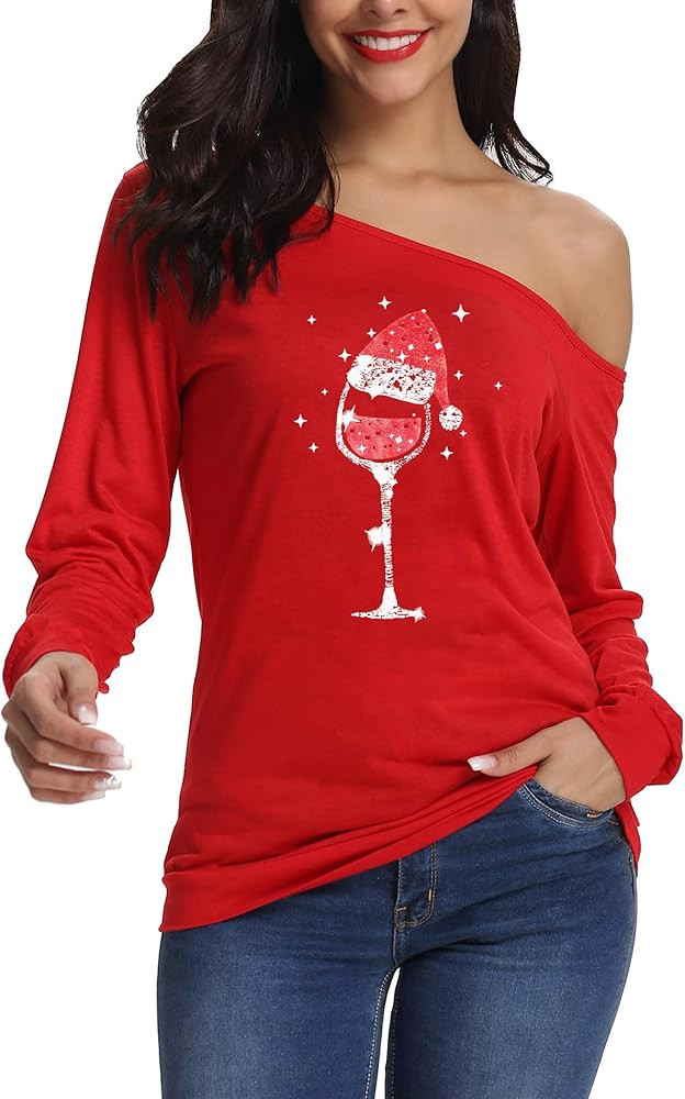 LYHNMW Women's Sexy Off Shoulder Long Sleeve Christmas Letter Print T-Shirt Tunic Tops Holiday Me... | Amazon (US)