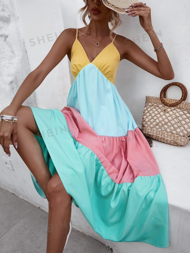 SHEIN VCAY Colorblock Shirred Ruffle Hem Cami Dress | SHEIN