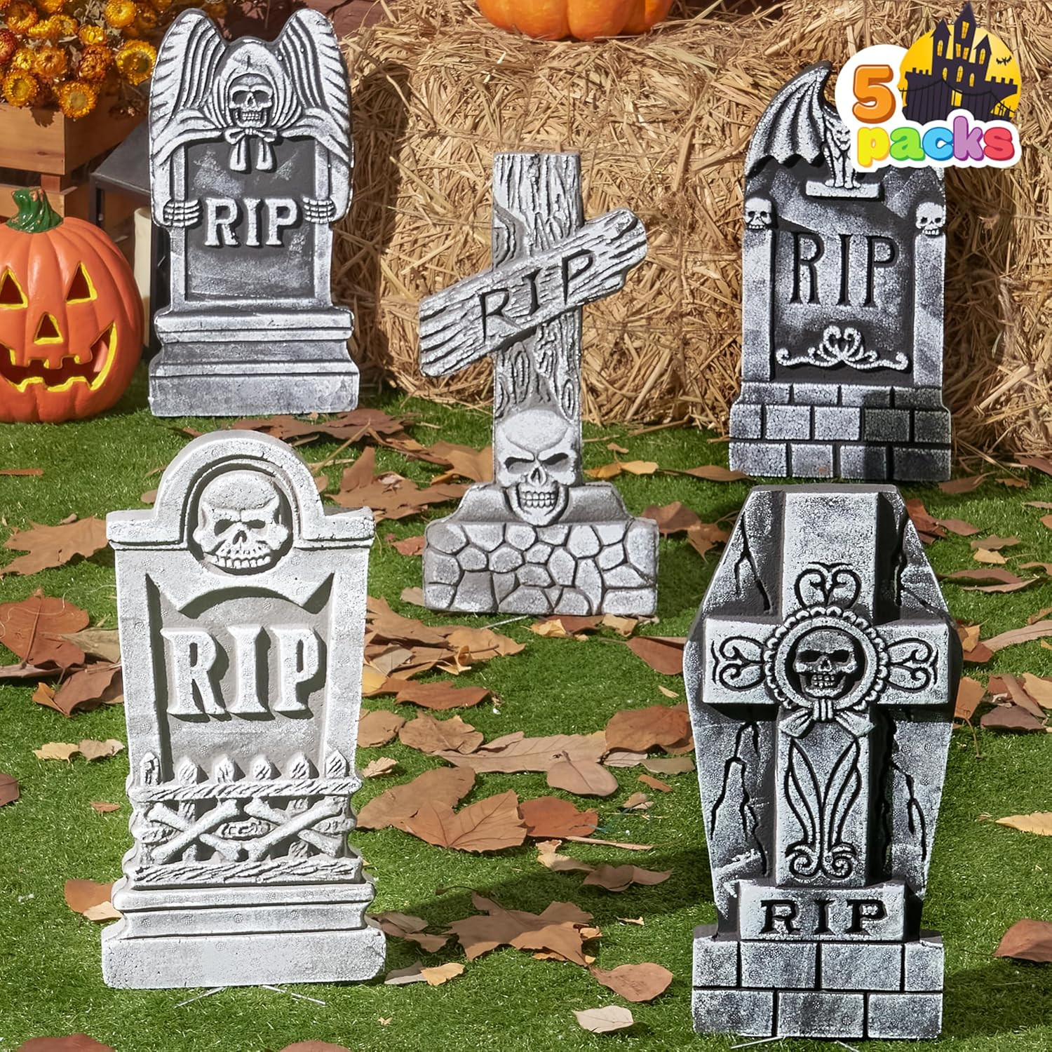 JOYIN 17” Halloween Foam RIP Graveyard Tombstones (5 Pack), Halloween Tombstones Decorations Outdoor for Graves with 12 Metal Stakes for Cemetery Yard Lawn Party Decor | Amazon (US)