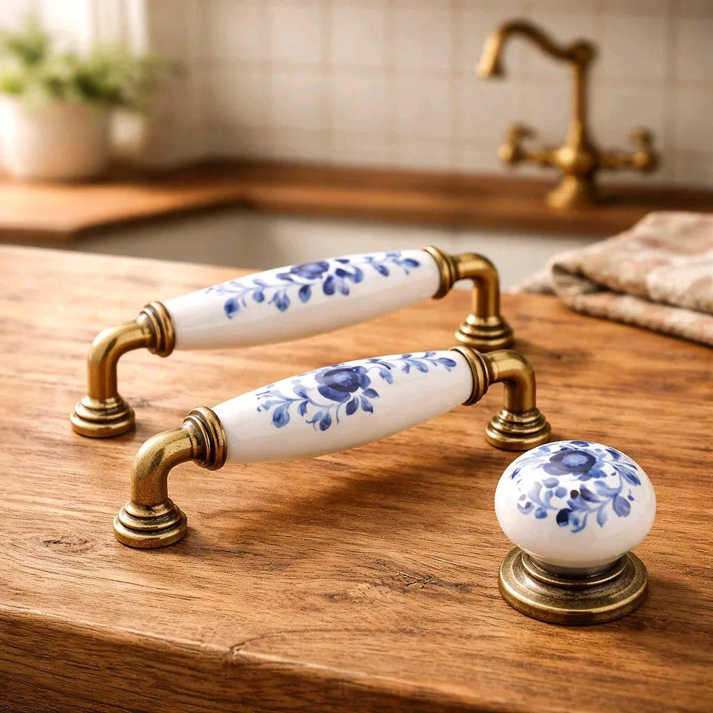 Blue Floral Ceramic Cabinet Knobs & Pulls | Vintage Antique Brass Drawer Handles | Farmhouse Kitchen Furniture Hardware | Etsy (Global)