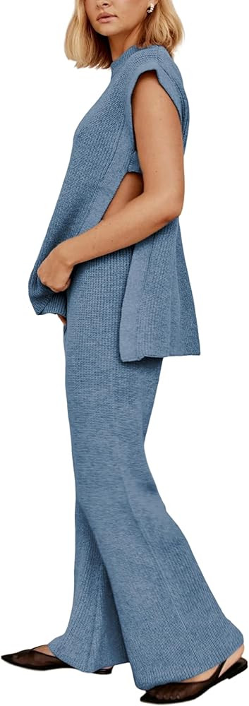 Lviefent Womens 2 Piece Outfits Sweater Set Sleeveless Side Slit Pullover Top Knit Wide Leg Pants... | Amazon (US)