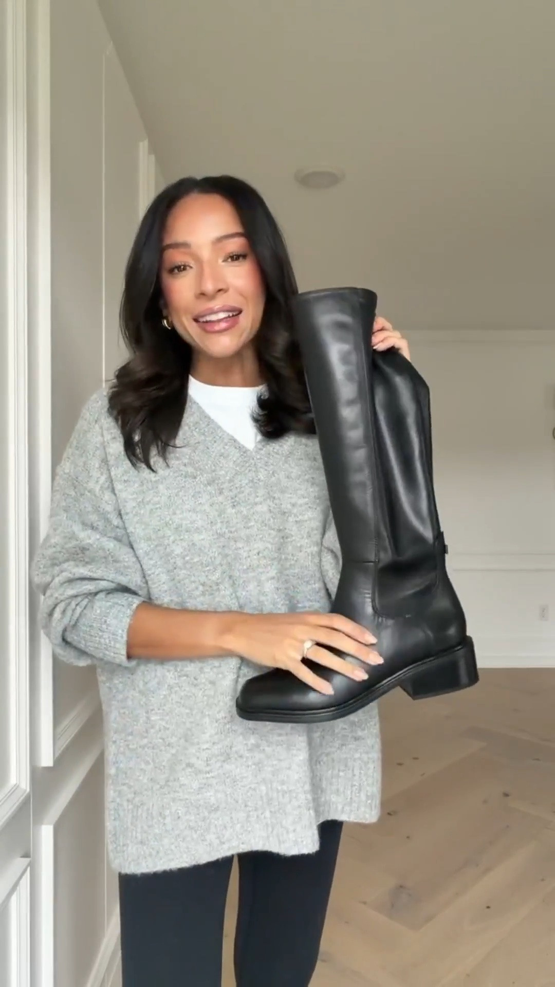 These riding boots are perfect for fall! They look great with leggings and they’re flat!! Wearing size S white tee, size M grey sweater (exact OOS but I've linked similars) and size S leggings, boots fit tts (I always size up 1/2 size in boots for wearing with thick socks) 

fall outfit, fall fashion, closet staples, closet essentials, fall boots, knee high boots, riding boots, casual outfit, weekend outfit, errands outfit