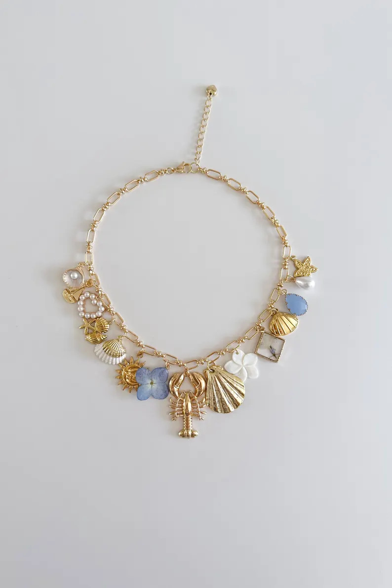 Pearl Ocean Dream Gold Statement Vintage Charm Necklace / Coastal Seashell Lobster Periwinkle Flo... | Etsy (US)
