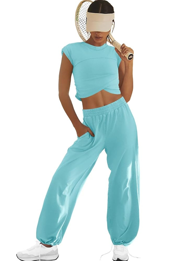 LAMISSCHE Womens Loungewear Set 2 Piece Outfits Sets Cropped Tops and Wide Leg Pants with Pockets... | Amazon (US)