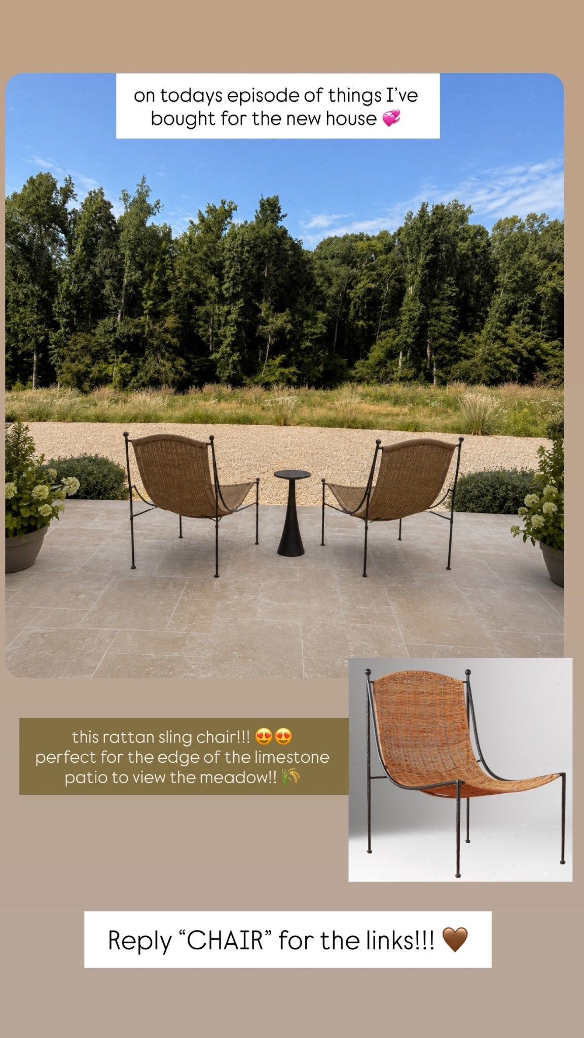 Reply “CHAIR” for the links!!! 🤎 on todays episode of things I’ve bought for the new house 💞 this rattan sling chair!!! 😍😍
perfect for the edge of the limestone patio to view the meadow!! 🌾