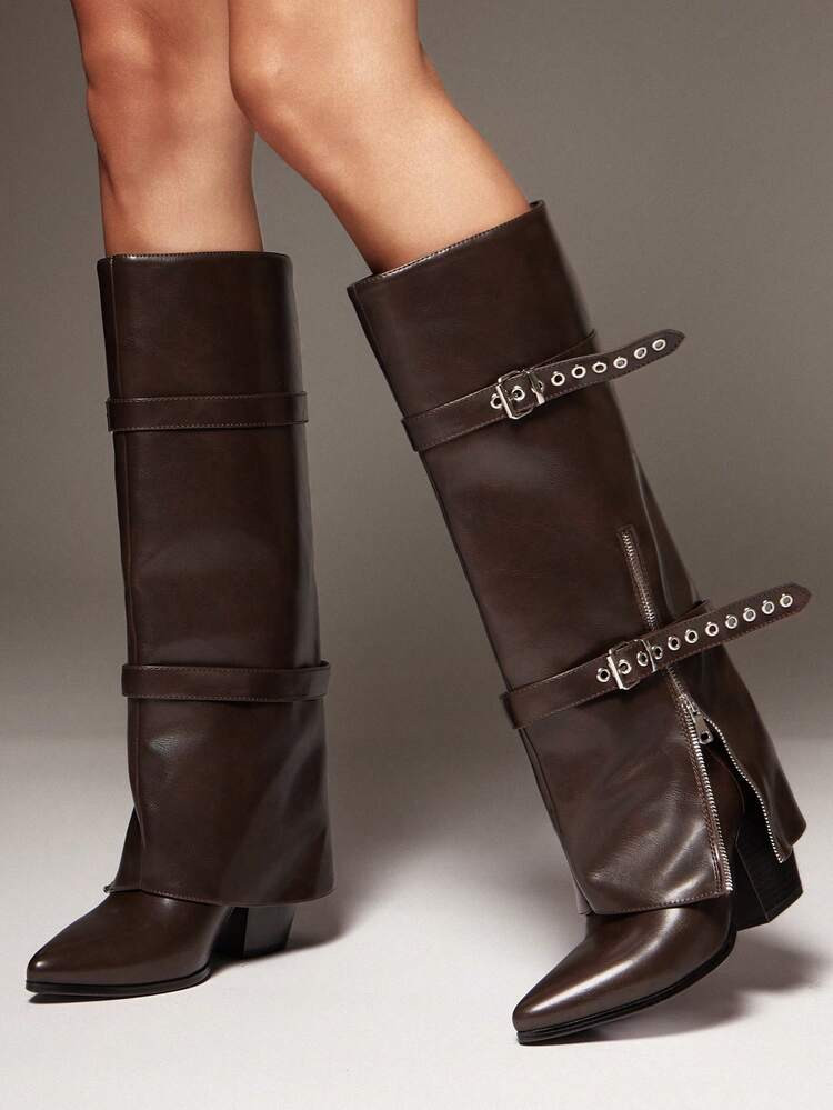 SHUZIA Women's Fashionable Comfortable Point Toe Buckled Straps Fold Over Knee High Boots | SHEIN