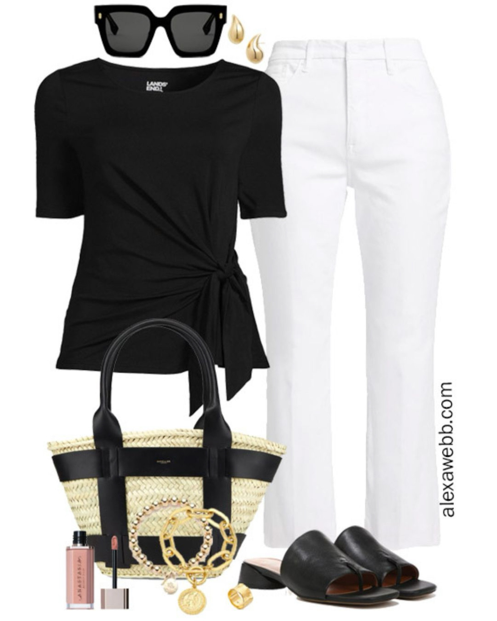 Plus Size Black and White Summer Outfit - A plus size casual outfit idea with a black tie top, white denim crop jeans, a straw tote bag, and slide sandals. Alexa Webb


#LTKStyleTip #LTKSeasonal #LTKPlusSize