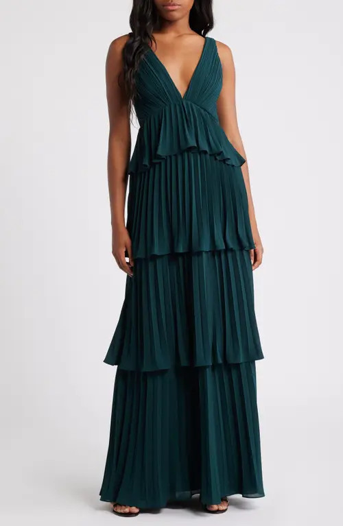 Lulus Tiered Gown Pleated in Emerald Green at Nordstrom, Size Small | Nordstrom