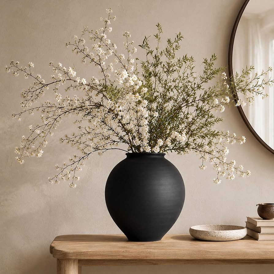Large Blak Ceramic Vase - 11.8 Inch Large Black Round Vase, Rustic Farmhouse Vase for Home Decor,... | Amazon (US)