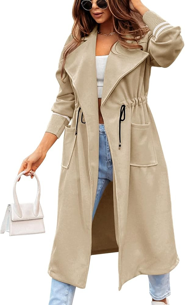 Fazortev Women Coat Pocket Casual Drawstring Waist Open Front Classic Lapel Overcoat | Amazon (US)
