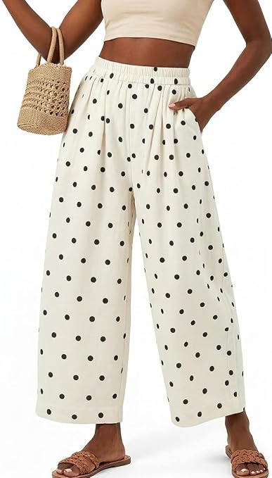 Womens Boho Polka Dot Cotton Linen Barrel Pants Wide Leg Palazzo Cropped Trousers Casual Elastic ... | Amazon (US)