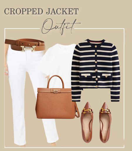 A striped cardigan outfit idea with white jeans and tan accessories #whitejeans 