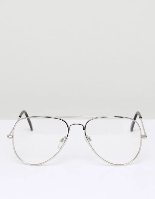 ASOS DESIGN aviator fashion glasses with clear lenses in silver metal | ASOS (Global)
