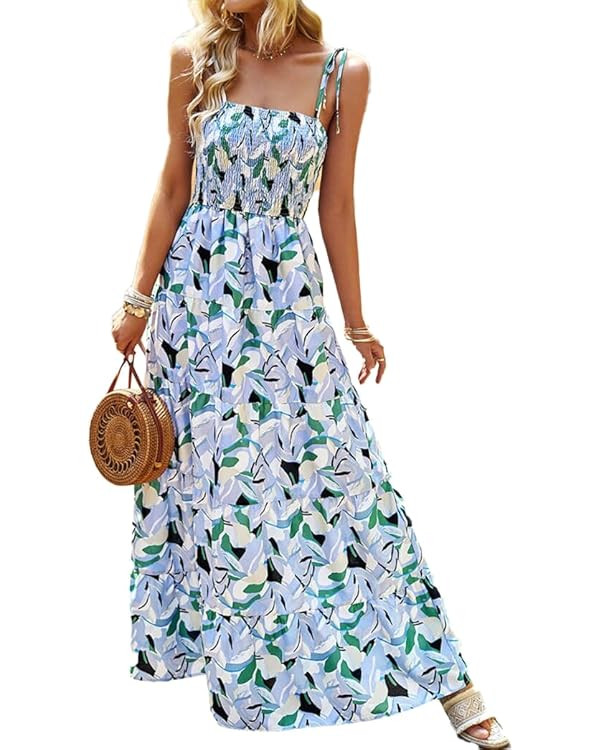 kinstell Women's 2024 Summer Casual Boho Sleeveless Spaghetti Strap Smocked Square Neck Ruffle A ... | Amazon (US)