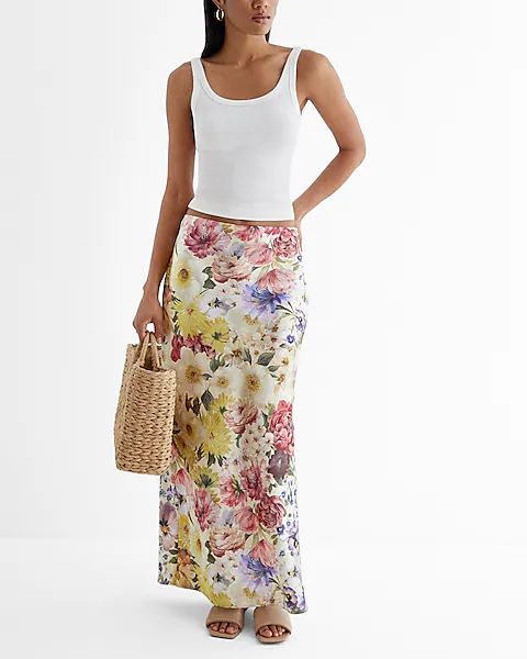 High Waisted Satin Floral Side Slit Maxi Skirt | Express