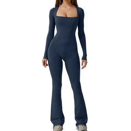 Licupiee Long Sleeve Jumpsuits for Women Square Neck Wide Leg Full Length Romper Playsuit Workout Outfits Fall 2023 | Walmart (US)