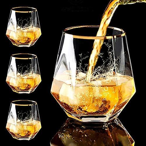 Amazon.com | Diamond Whiskey Glasses, 4 PCS Rocks Glasses Gold Banded Cocktail Drinkware for Rum,... | Amazon (US)