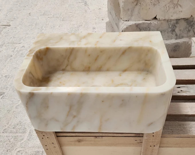 Calacatta Gold Marble Sink, Wall Mounted Marble Bathroom Sink, Hand Carved Stone Vessel Sink, Sma... | Etsy (US)