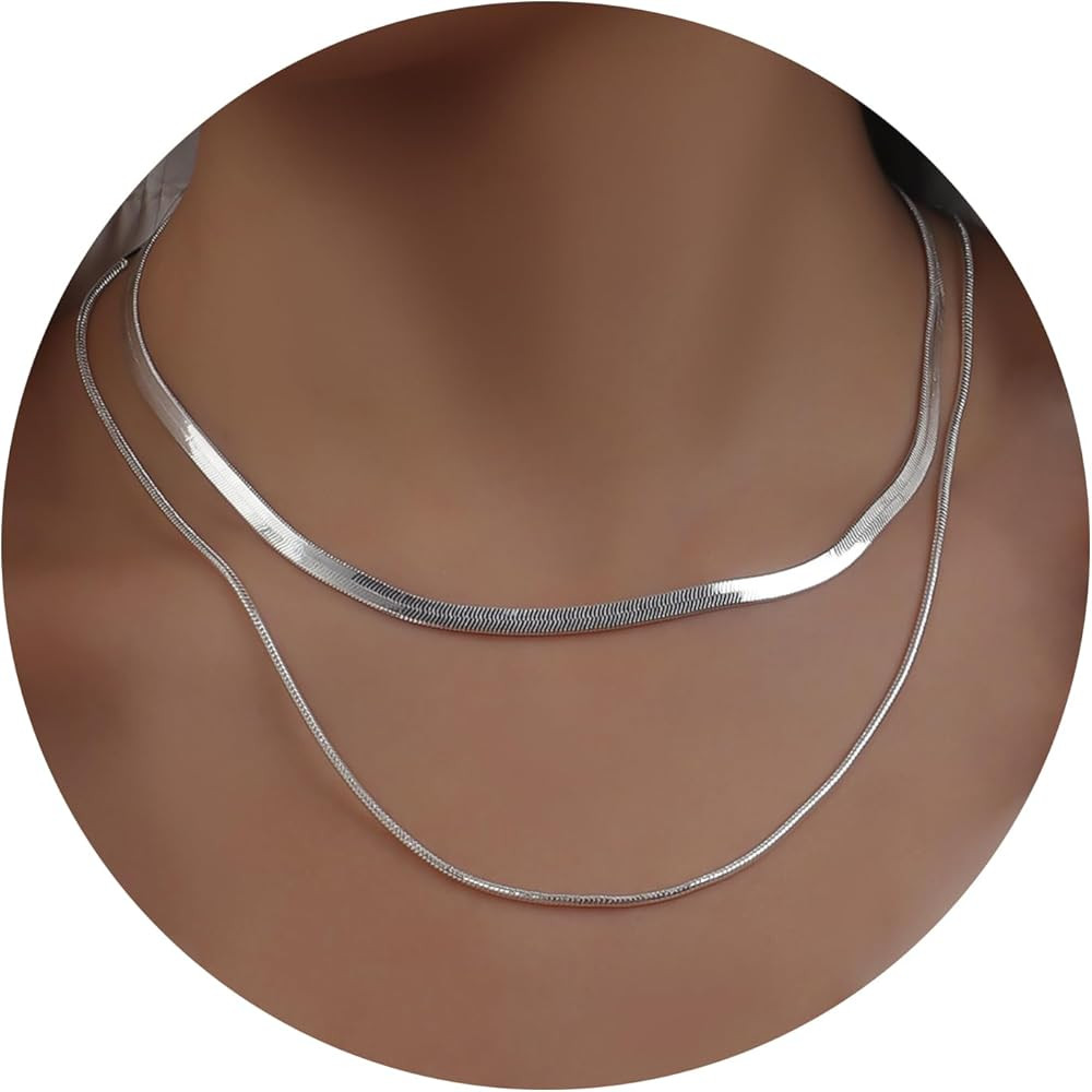 18K Real Gold/Sterling Silver Plated Herringbone Necklace Snake Chain Necklace Gold Choker Neckla... | Amazon (US)