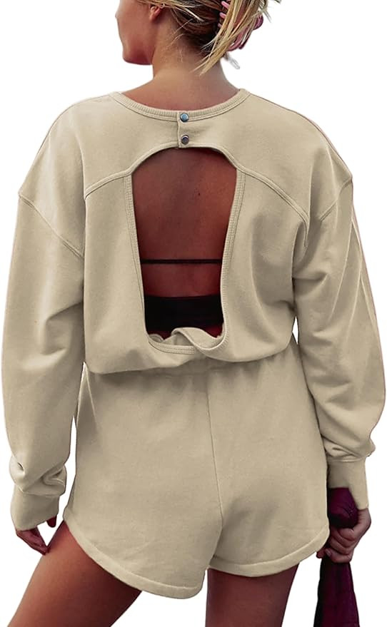 Womens Long Sleeve Romper One Piece Jumpsuits Open Back Workout Sweatsuits Outfits Onesies with P... | Amazon (US)