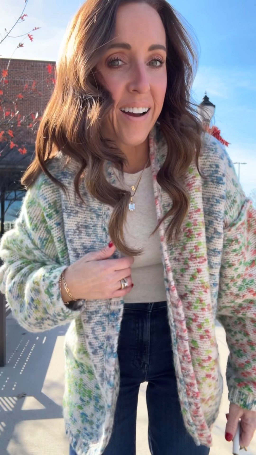 Confetti cardigan sweater. Winter cardigan. Aritzia homestretch tee. 
Tee S. Cardigan S. Jeans TTS, 25. Sneakers TTS. 

#LTKootd #LTKOver40 #LTKSeasonal