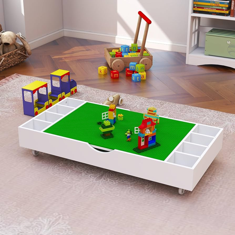 Wooden 2 in 1 Construction Rollaway Kids Activity Table with Storage, Play Rolling Game Table wit... | Amazon (US)