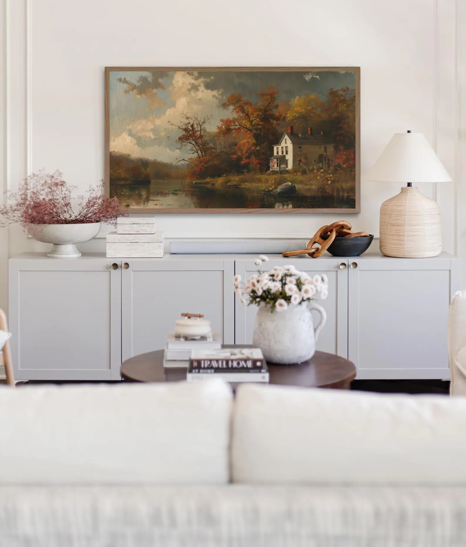 Fall Frame Tv Art American Flag Autumn Colors Dark Moody American Countryside Lake River Painting... | Etsy (US)