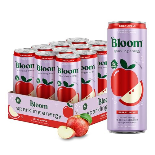 Bloom Nutrition Sparkling Energy Drink - Natural Caffeine, Zero Sugar, 180mg Caffeine - Antioxidant-Rich with Green Coffee Bean, Green Tea Extract, Prebiotics - Crisp Apple - 12oz 12 Pack | Amazon (US)